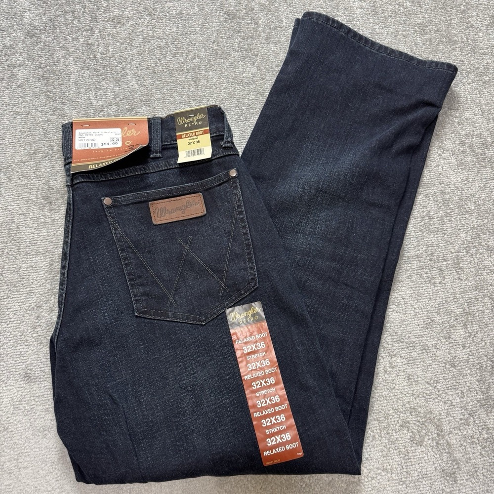 NWT Wrangler Retro Relaxed Boot 32x36 Stretch Dark Blue Jeans